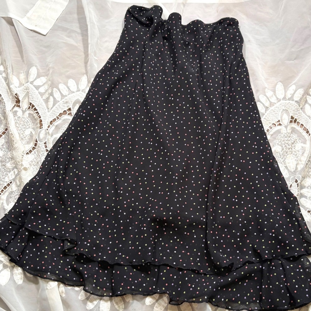 Y2K Cute Office Siren Black Polka Dot Ruffle Tiered Chiffon Skirt PS